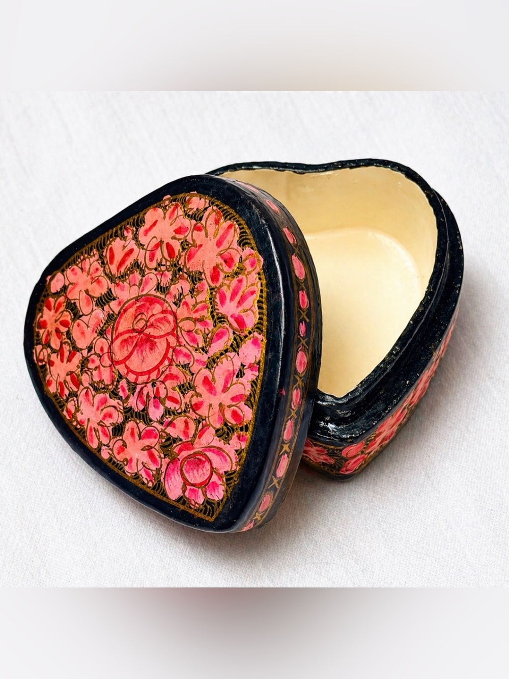 Vintage Hand-Painted Floral Heart Trinket Box in Pink and Black